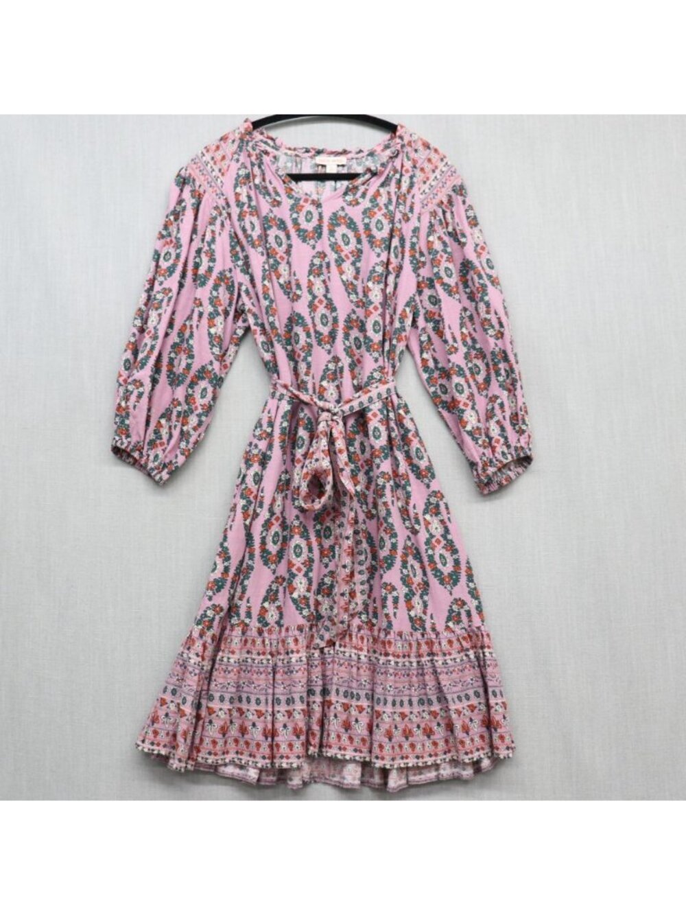 Knox Rose Pink Paisley Floral A-Line Dress Small 3/4 Sleeve Boho Tiered Midi